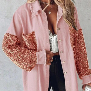 Baby Pink Party Women's Turn-Down Collar Contrast Sequin Raw Hem Button Shacket